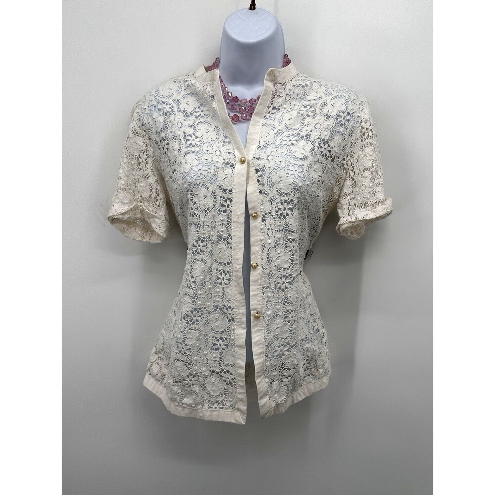 VTG 90s White Lace Blouse Shirt Size Long Sleeve Avon Fashions M rosas embroide - Picture 2 of 8